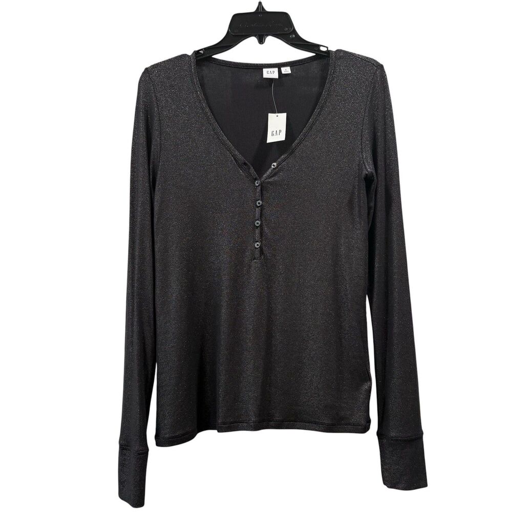 Gap Metallic Rib Knit Henley Black Foil Size S